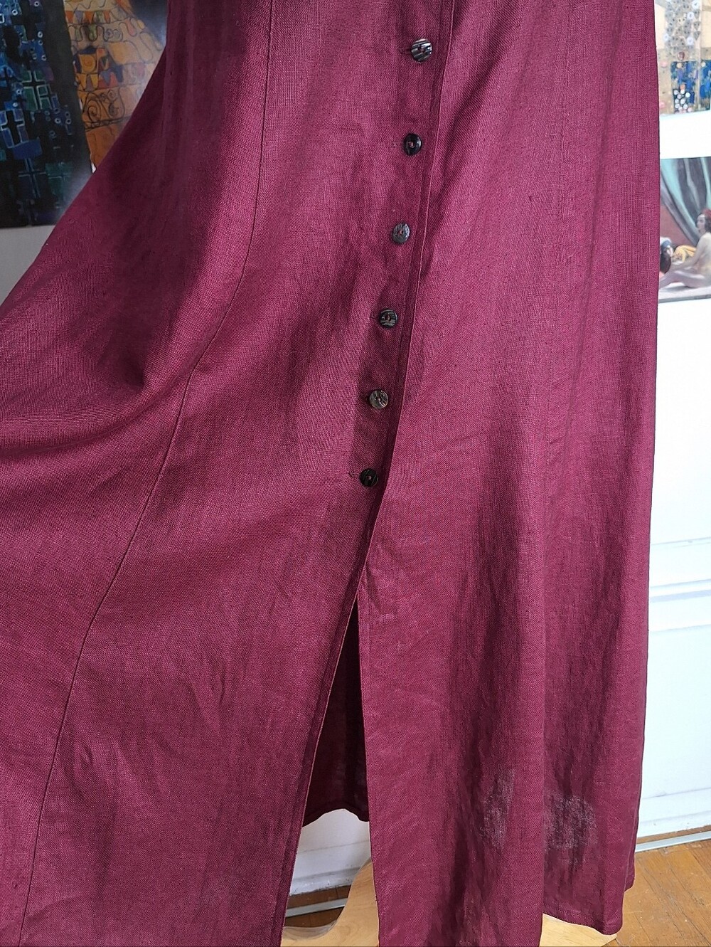 Vintage 90s Button Front 100% Linen Minimalist Maxi Dress M Whimsigoth Burgundy - Picture 4 of 7